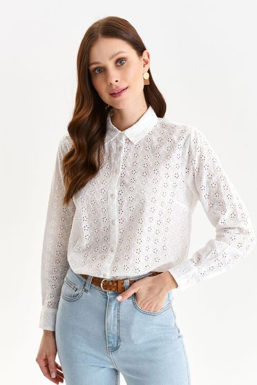 White women`s shirt cotton loose fit fabric with embroided holes