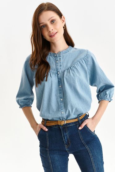Blue women`s blouse cotton loose fit with puffed sleeves