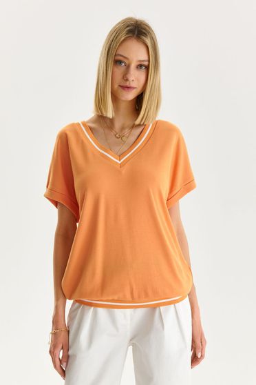 Short sleeves blouses, Orange women`s blouse thin fabric loose fit with v-neckline - StarShinerS.com