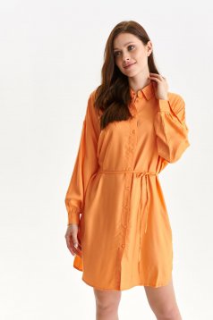 Rochie tip camasa din material subtire portocalie cu croi larg si maneci bufante - Top Secret