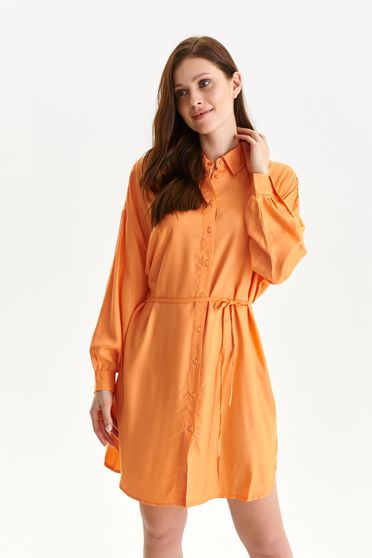 Online Dresses, Orange dress thin fabric shirt dress loose fit with puffed sleeves - StarShinerS.com