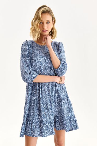 Online Dresses, Blue dress short cut loose fit thin fabric with puffed sleeves - StarShinerS.com