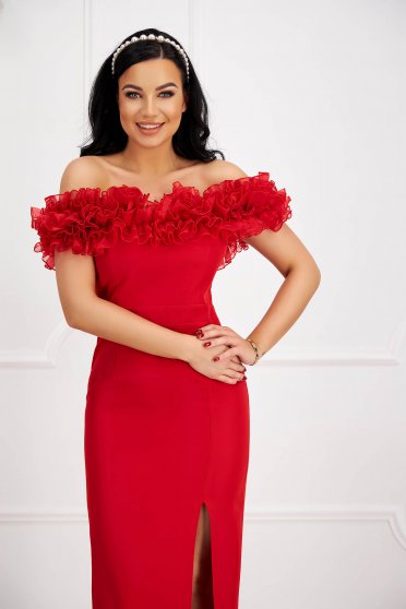 Red dress long cloth with ruffle details cut material naked shoulders
