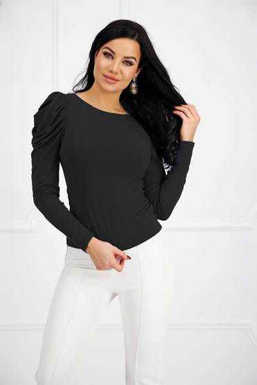 Black Lycra Women's Blouse with Puffed Shoulders - StarShinerS