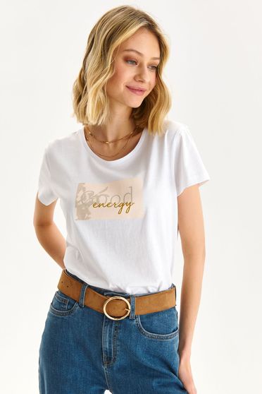 Casual T-shirts, White t-shirt slightly elastic cotton loose fit with rounded cleavage - StarShinerS.com