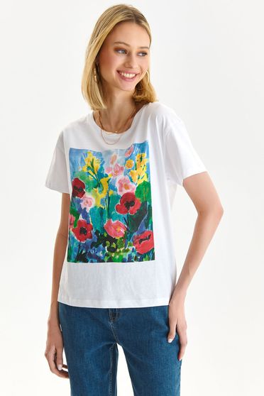T-Shirts, White t-shirt slightly elastic cotton loose fit with floral print - StarShinerS.com