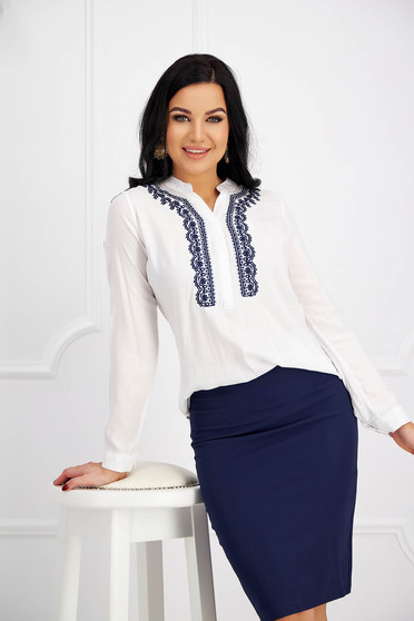 White women`s blouse cotton loose fit embroidered asymmetrical