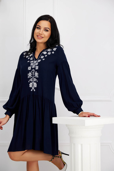 Long sleeve dresses, Dark blue dress cotton loose fit - StarShinerS.com