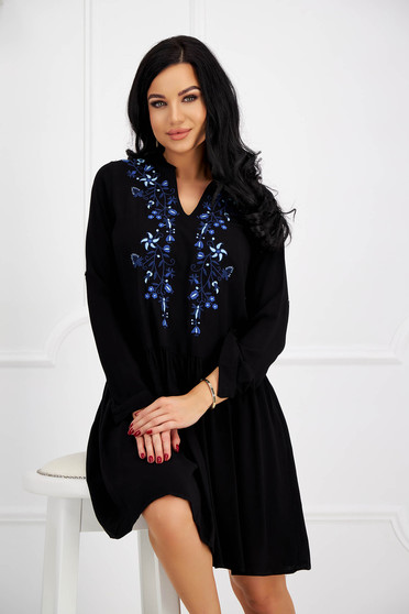 Embroidered Dresses, Black dress cotton loose fit - StarShinerS.com