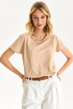 Beige t-shirt slightly elastic cotton loose fit with rounded cleavage