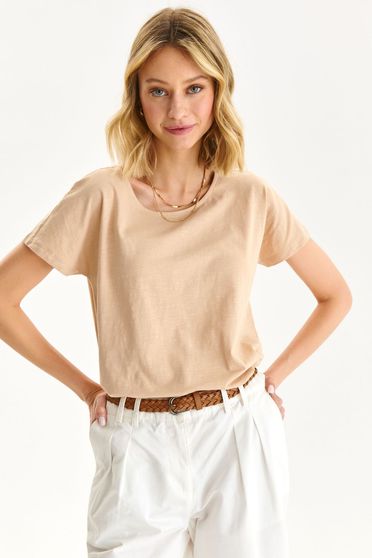 Beige t-shirt slightly elastic cotton loose fit with rounded cleavage