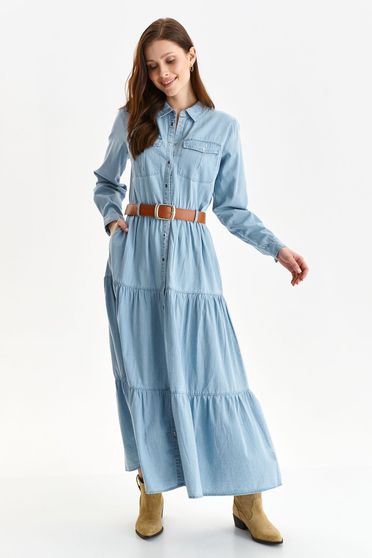 Blue dress shirt dress cotton cloche with front pockets