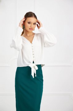 Ladies' blouse made of white georgette with a wide cut and puffed sleeves - SunShine