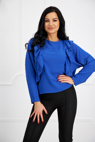 Bluze Casual, Bluza dama din georgette cu aplicatii din plumeti albastra cu croi larg si volanase - SunShine - StarShinerS.ro