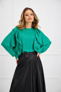 Green women`s blouse georgette loose fit plumeti with ruffle details