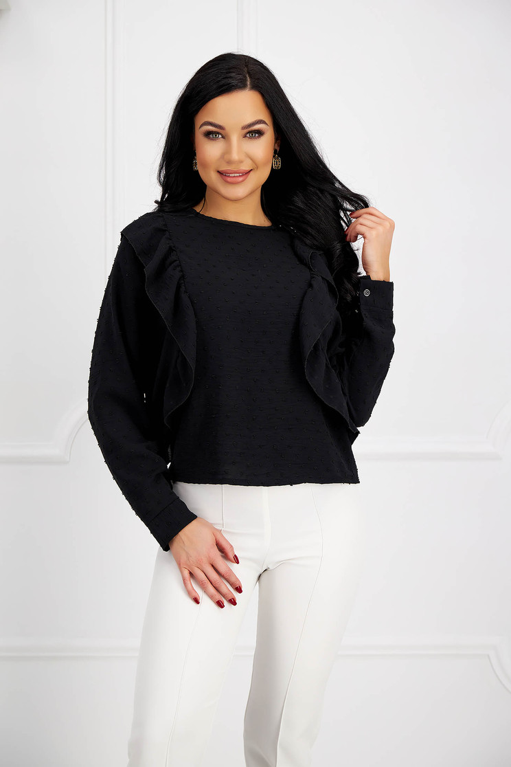 Blouses, Black women`s blouse georgette loose fit plumeti with ruffle details - StarShinerS.com