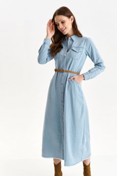 Blue dress cotton cloche shirt dress with front pockets