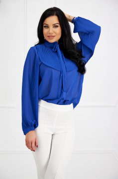 Blue women`s blouse from veil fabric loose fit with puffed sleeves