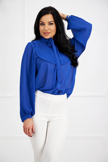 Office Blouses, Blue women`s blouse from veil fabric loose fit with puffed sleeves - StarShinerS.com