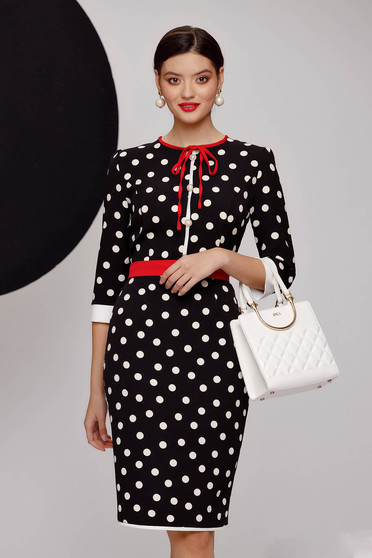 Polka dot dresses, Black dress slightly elastic fabric pencil with decorative buttons - StarShinerS.com