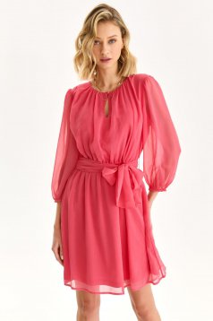 Rochie din voal roz scurta in clos cu elastic in talie si maneci bufante - Top Secret