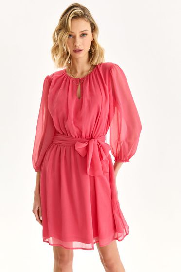 Rochie din voal roz scurta in clos cu elastic in talie si maneci bufante - Top Secret