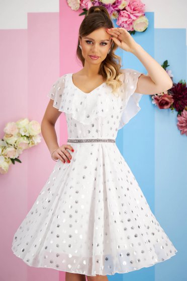 Floral print dresses, - StarShinerS white dress cloche midi soft fabric with ruffle details - StarShinerS.com