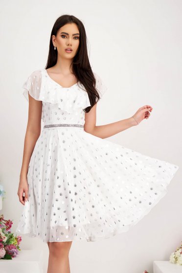Dress made of fine touch material, white, knee-length, A-line with frills - StarShinerS