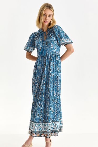 Online Dresses, Blue dress thin fabric cloche with bell sleeve with v-neckline - StarShinerS.com