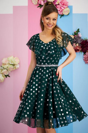 Floral print dresses, - StarShinerS darkgreen dress cloche midi soft fabric with ruffle details - StarShinerS.com