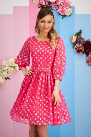 Online Dresses, - StarShinerS fuchsia dress from veil fabric cloche with dots print accessorized with tied waistband - StarShinerS.com