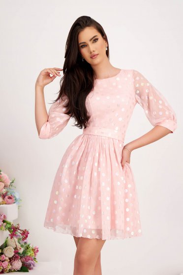 Freshman prom dresses, - StarShinerS powder pink dress from veil fabric cloche with dots print accessorized with tied waistband - StarShinerS.com