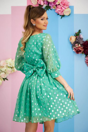 Online Dresses, - StarShinerS green dress from veil fabric cloche with dots print accessorized with tied waistband - StarShinerS.com
