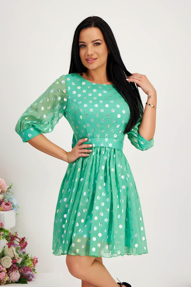 Rochie din voal verde in clos cu buline accesorizata cu cordon si funda - StarShinerS - Rochii-Dama.ro