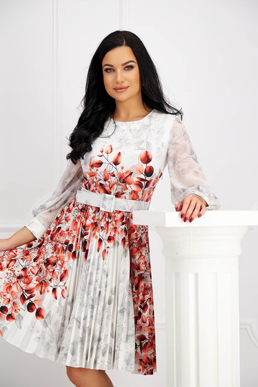 Floral print dresses, Ivory dress pleated slightly elastic fabric accessorized with belt cloche - StarShinerS.com