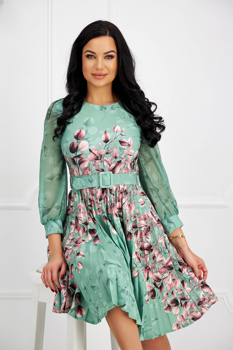 Floral print dresses, Lightgreen dress pleated slightly elastic fabric accessorized with belt cloche - StarShinerS.com