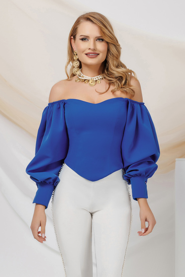 Blue women`s blouse from satin with puffed sleeves naked shoulders