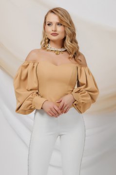 Beige women`s blouse from satin with puffed sleeves naked shoulders