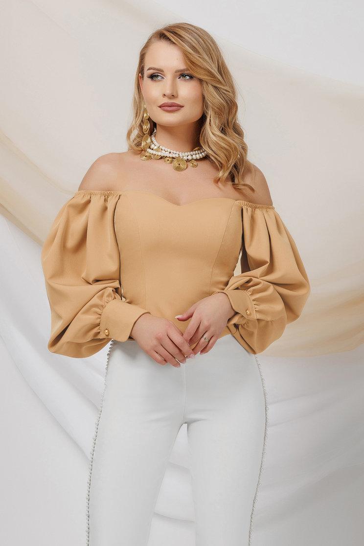 Beige women`s blouse from satin with puffed sleeves naked shoulders