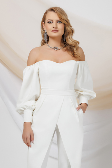 Long sleeves blouses, Ivory women`s blouse from satin with puffed sleeves naked shoulders - StarShinerS.com