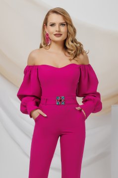Fuchsia women`s blouse from satin with puffed sleeves naked shoulders