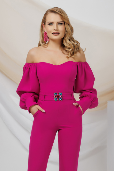 Long sleeves blouses, Fuchsia women`s blouse from satin with puffed sleeves naked shoulders - StarShinerS.com