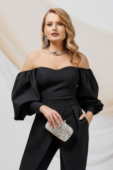 Blouses, Black women`s blouse from satin with puffed sleeves naked shoulders - StarShinerS.com