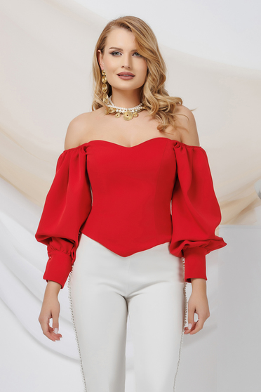 Red women`s blouse from satin with puffed sleeves naked shoulders