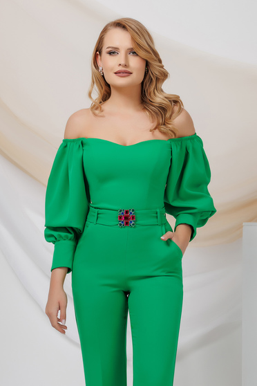 Bluze Elegante, Bluza dama din satin verde cu umeri goi si maneci bufante - PrettyGirl - StarShinerS.ro