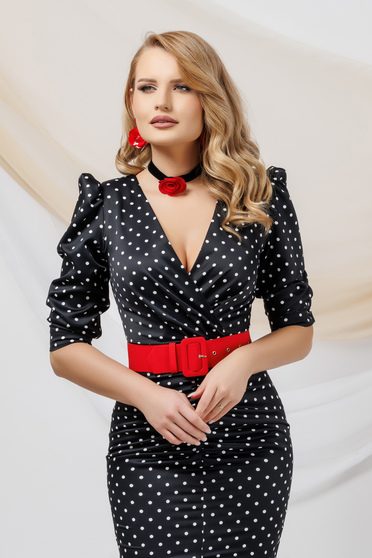 Polka dot dresses, Dress from satin pencil high shoulders accessorized with belt - StarShinerS.com