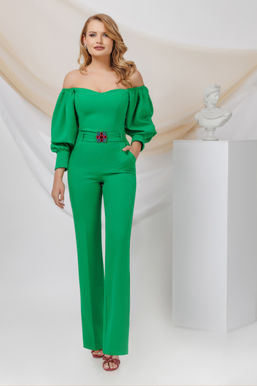High waisted trousers, Green trousers slightly elastic fabric flared lateral pockets - StarShinerS.com