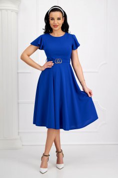 Blue dress midi cloche crepe with bell sleeve accessorized with tied waistband
