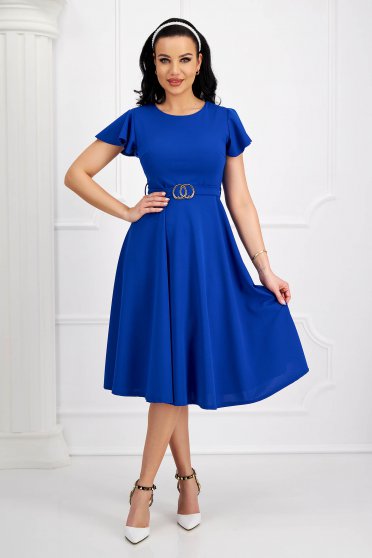 Blue dresses, Blue dress midi cloche crepe with bell sleeve accessorized with tied waistband - StarShinerS.com