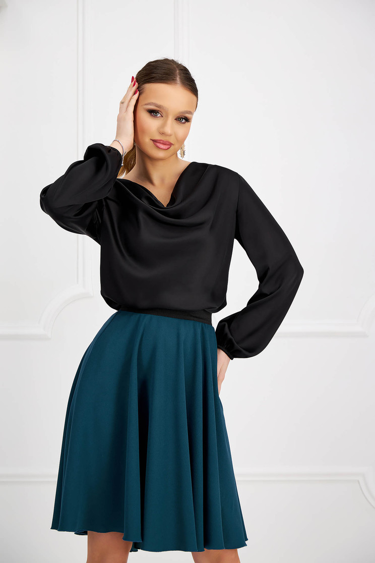 Black women`s blouse from satin loose fit cowl neck